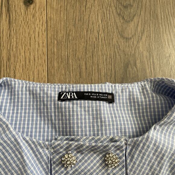 Zara Peter Pan Collar Blue White Checked Rhinestone Buttons Size Small EUC - Picture 5 of 9